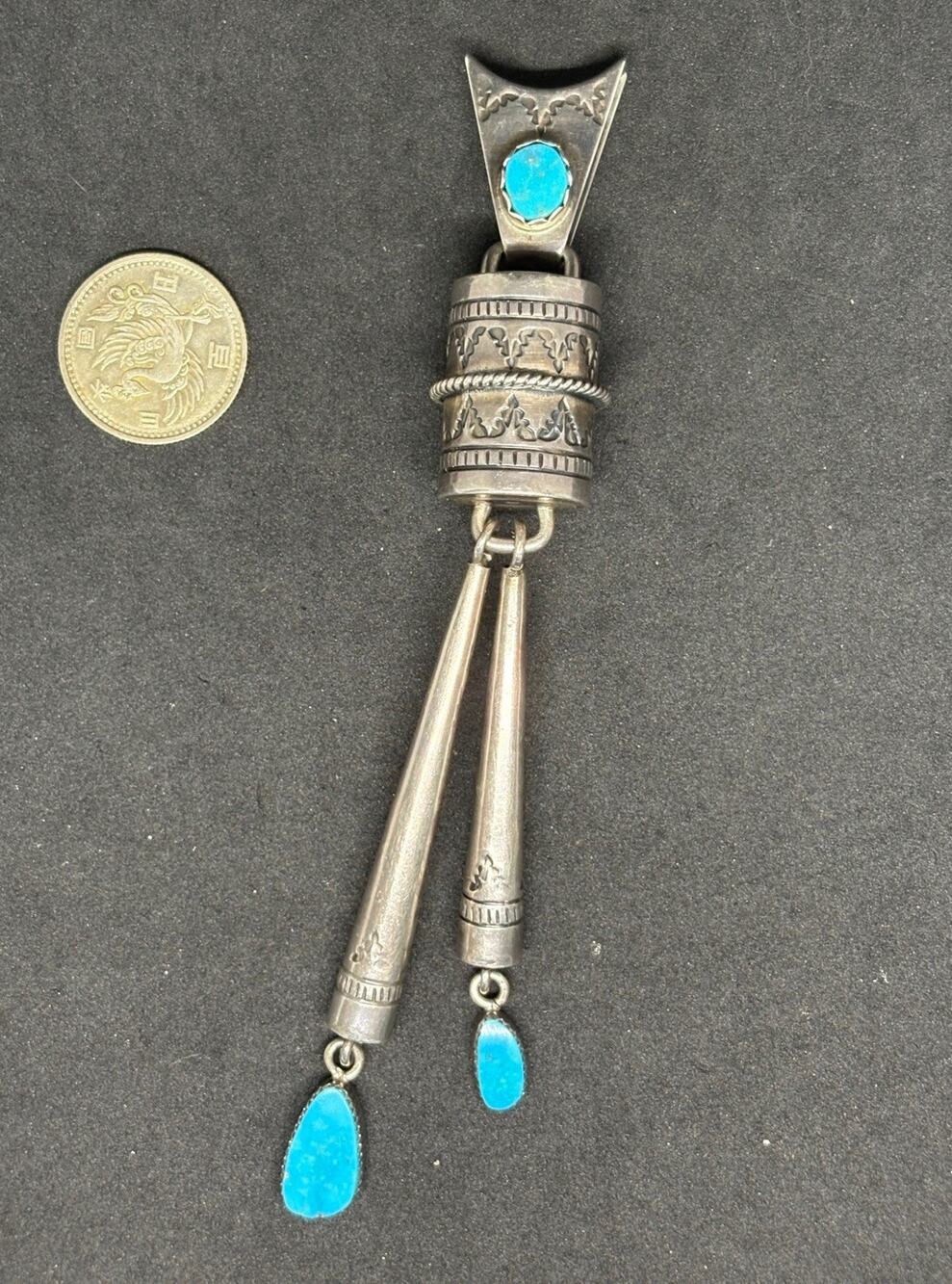 Native American Kewa Sam Lovato Old pawn Sterling Turquoise Drum Dangle Pendant